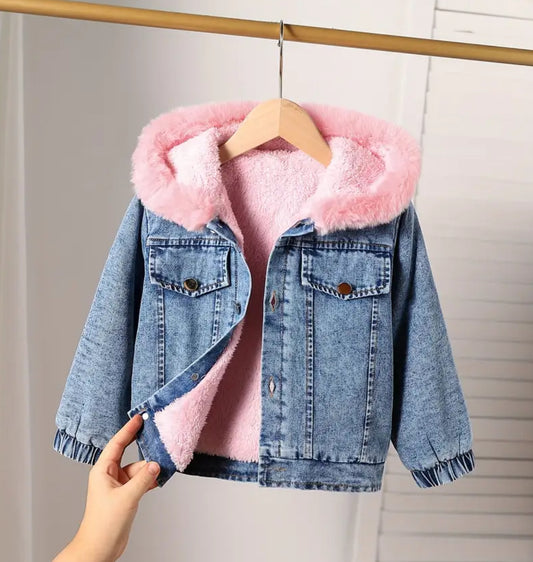 “Pink & Denim” 💕 Cozy Fleece-Lined Hooded Denim Jacket - Long Sleeve, Button-Up