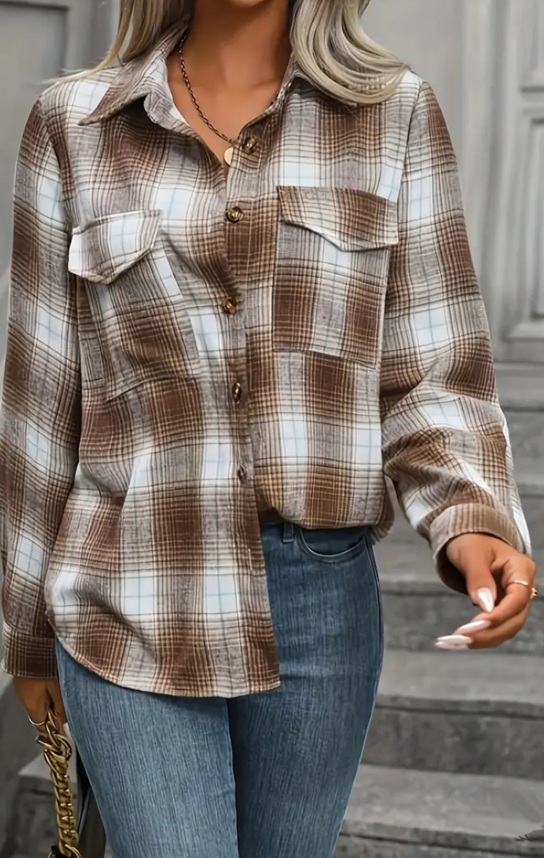 Women's Plaid Print Long Sleeve Polo Shirt - Casual Button-Up