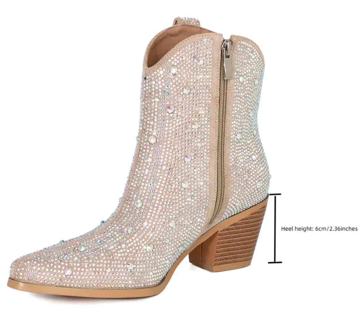 “Country Rhinestone” Women’s, Side Zipper Chunky Heeled Short Boots,