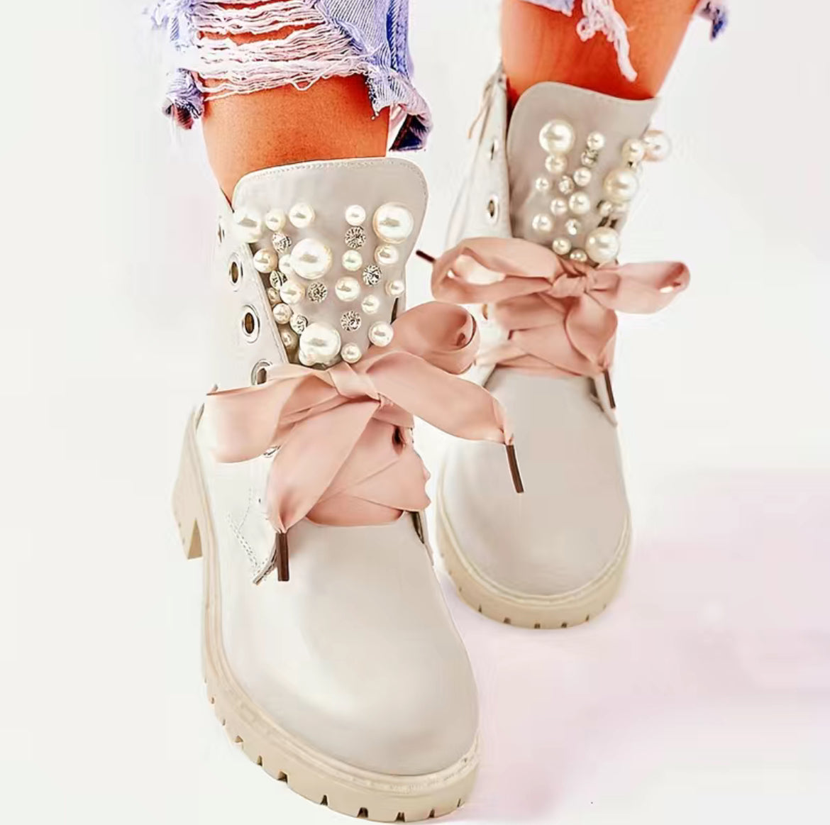 Diamonds & Pearls, Women's Ribbon Lace Up Ankle Boots