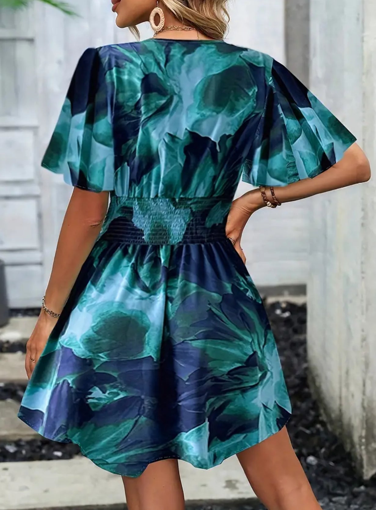 “Vibrancy” Floral,  A-Line Dress - Surplice Neck, Elegant Shirred Waist