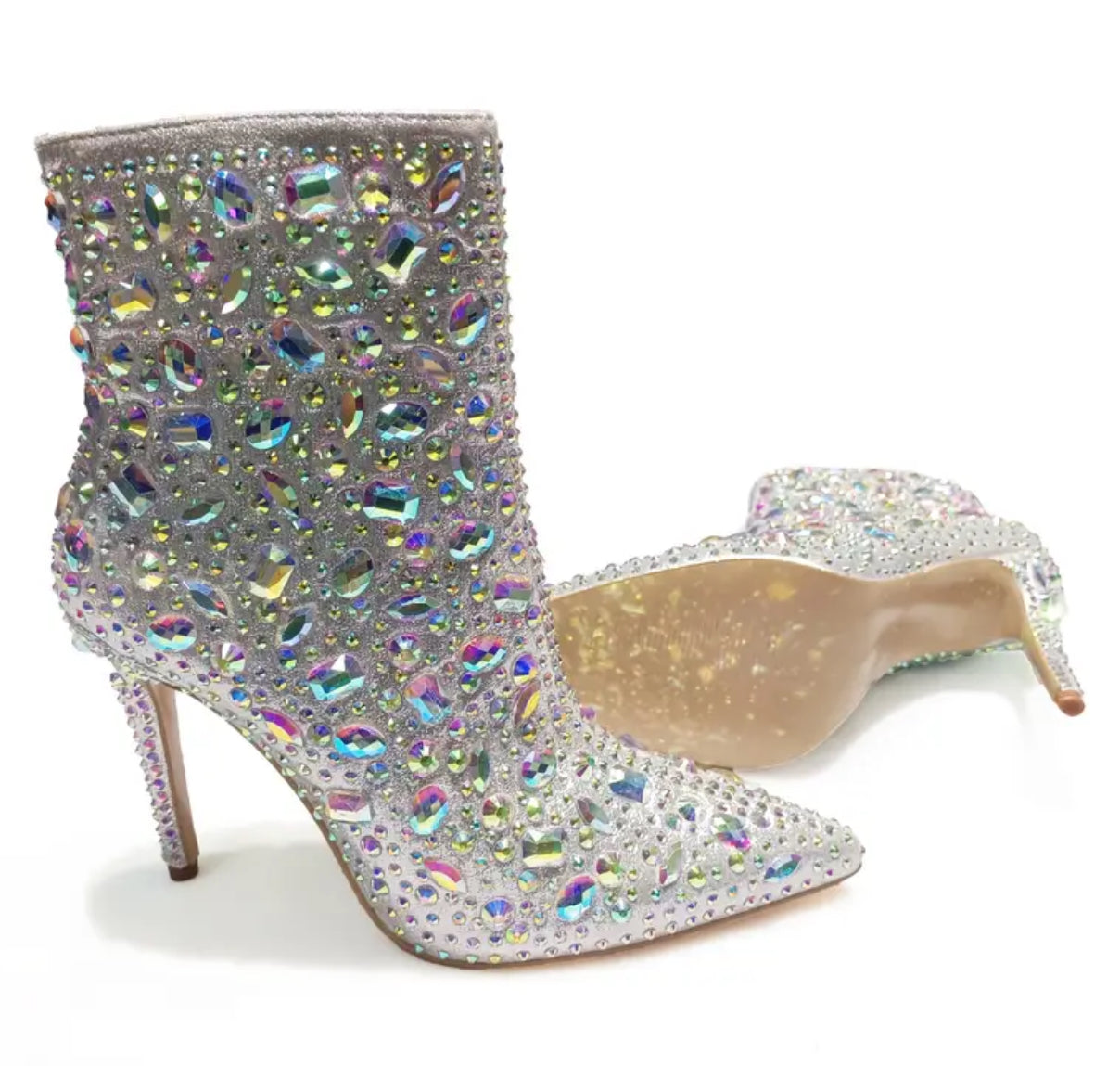 “Silvery Sparkling Rhinestone” Embellished Bootie - Mid High Heel, AB Rhinestones, Luxurious Design, Elegant Style