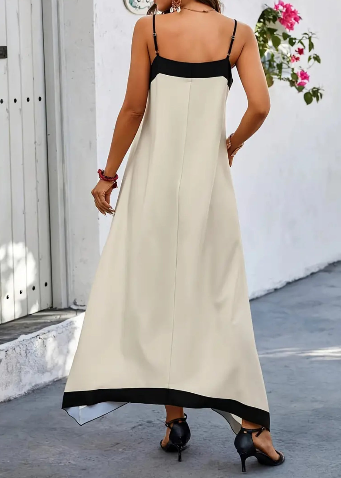 Contrast Trim Italian Cami, Elegant Sleeveless V-neck Backless Dress