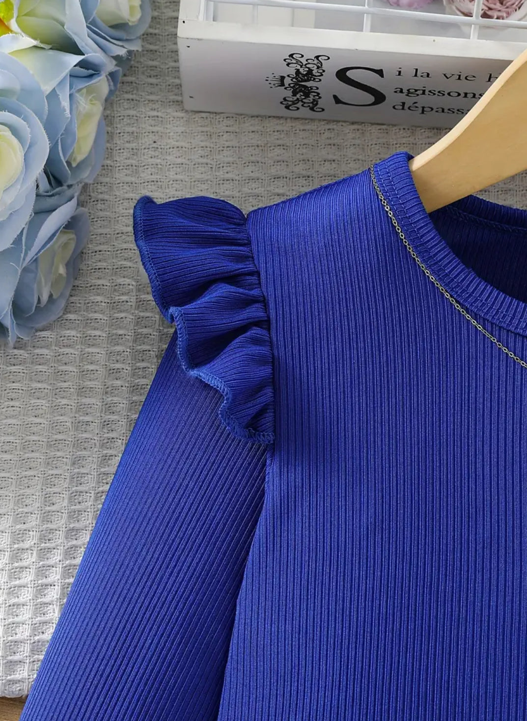 Girls ‘BLUE ROSES’ Jumpsuit Round Neck Top with Floral Pattern And Wide Leg Pants with Belt