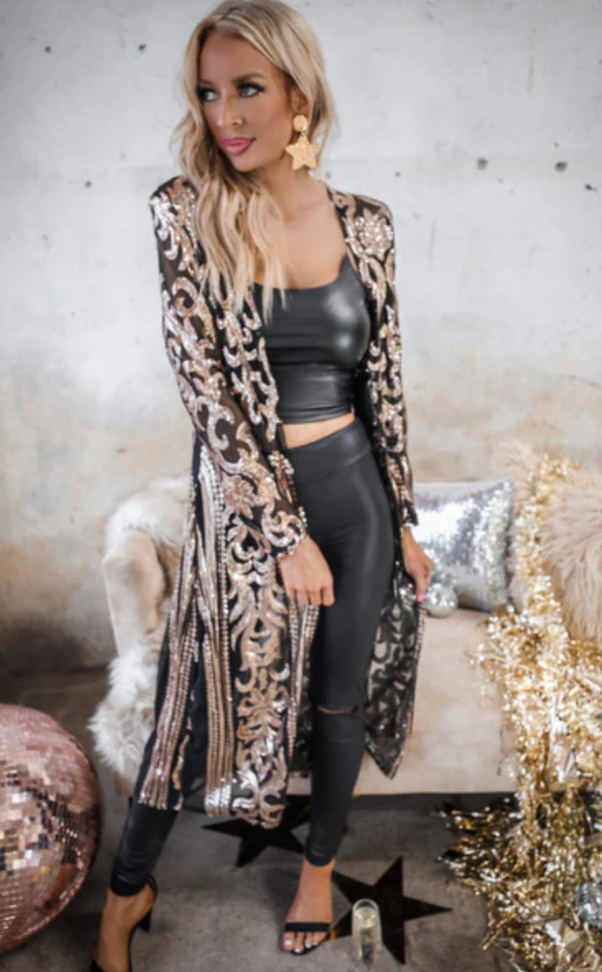 Sparkling Sequined Long Sleeve Maxi Cover Up - Elegant Casual Jacket for Club, Women's Glamorous Outwear with Open Front Design and Flowy Silhouette