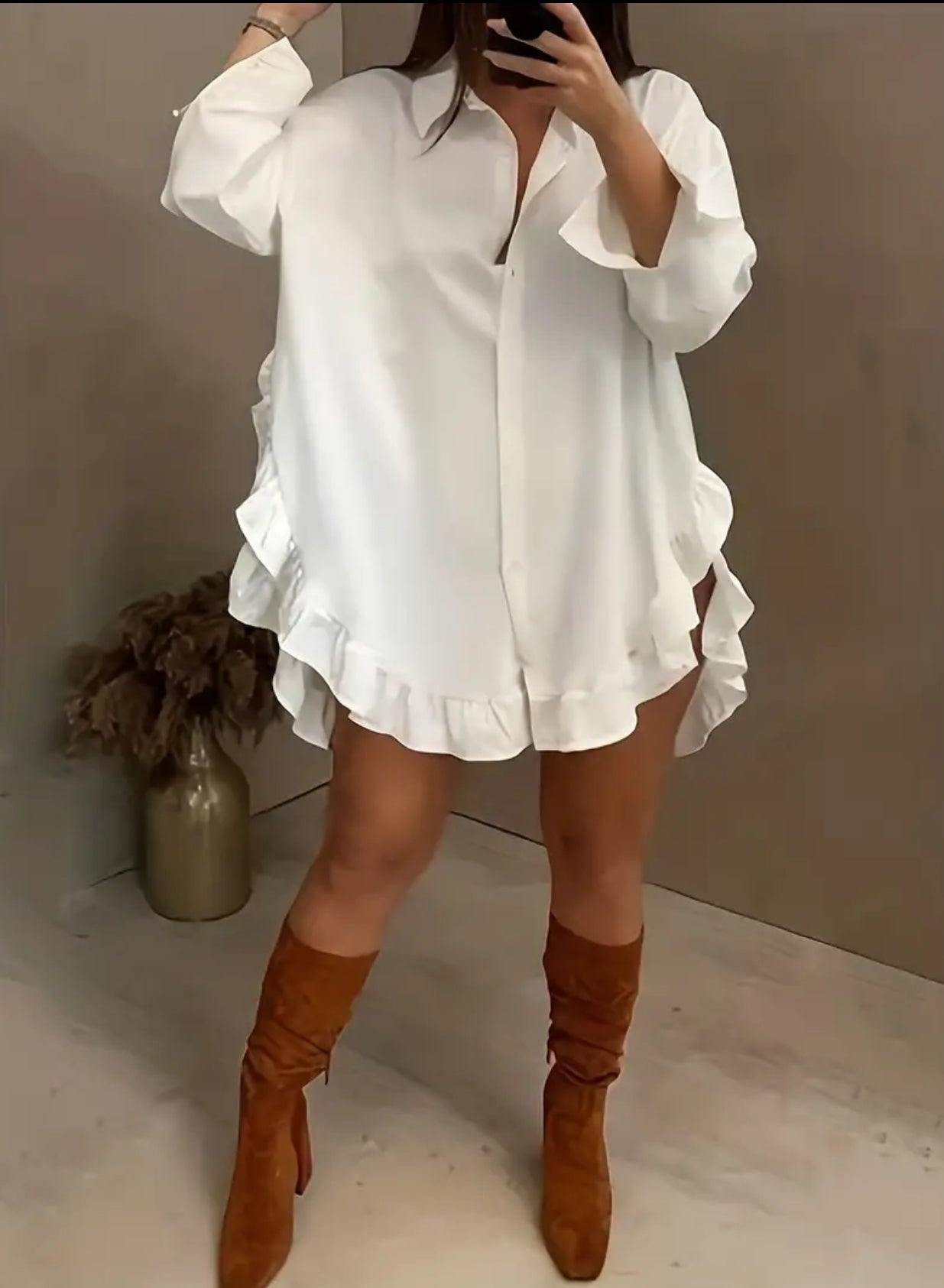 Oleander Ruffle, Oversized Casual Long Sleeve Button Front Blouse