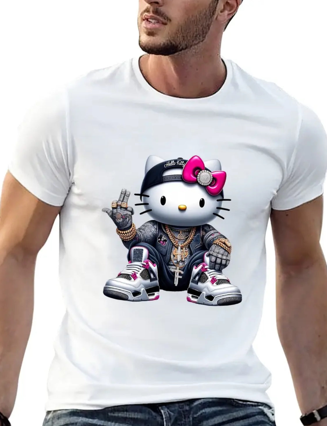 “Hello Kitty Hip-hop” Men's Short-Sleeved Fashion, Casual Streetwear T-shirt