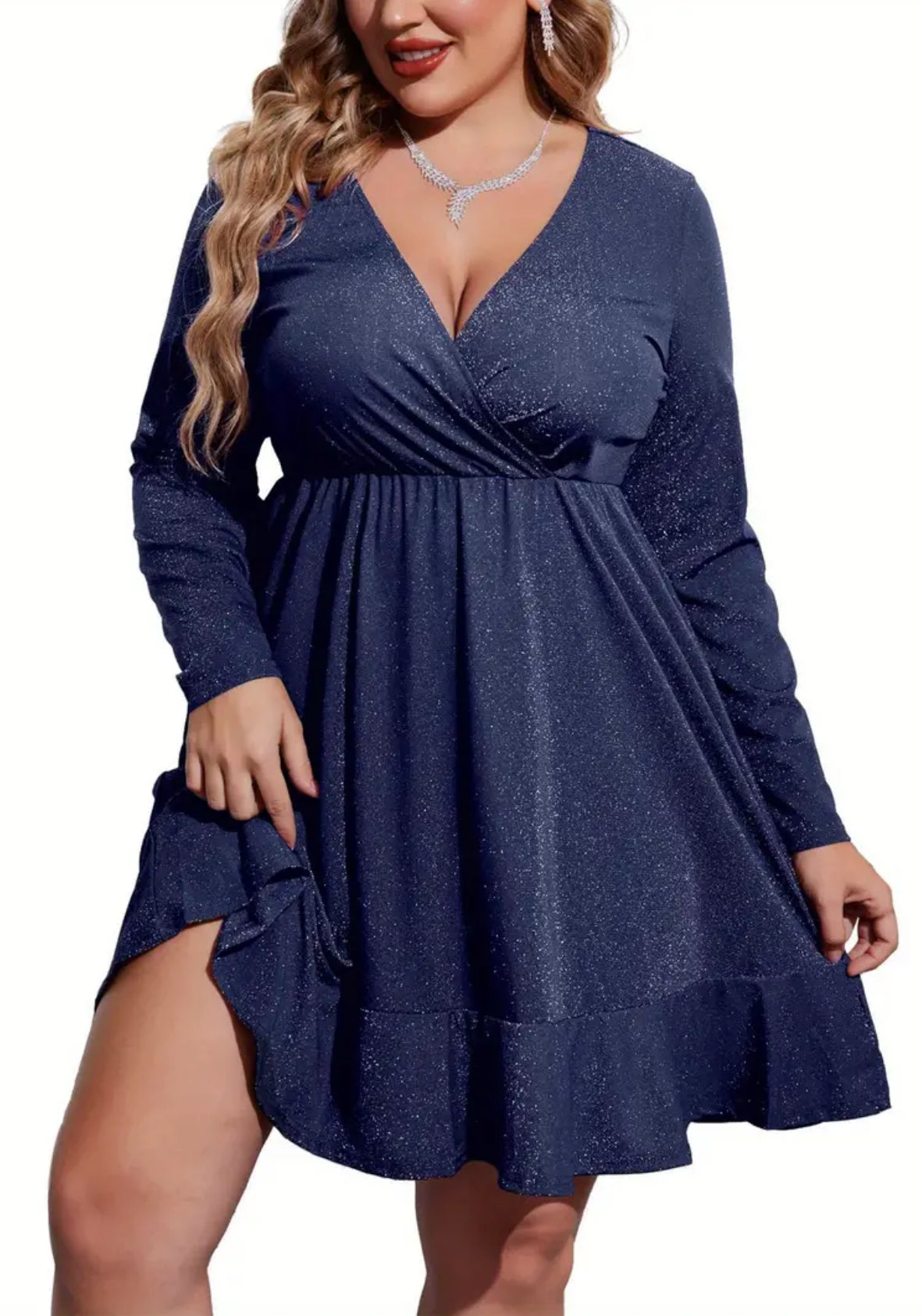 ELESOL  Plus Size Womens Glitter Dress V Neck Long Sleeve Ruffle Hem Swing Club Cocktail Party Dresses