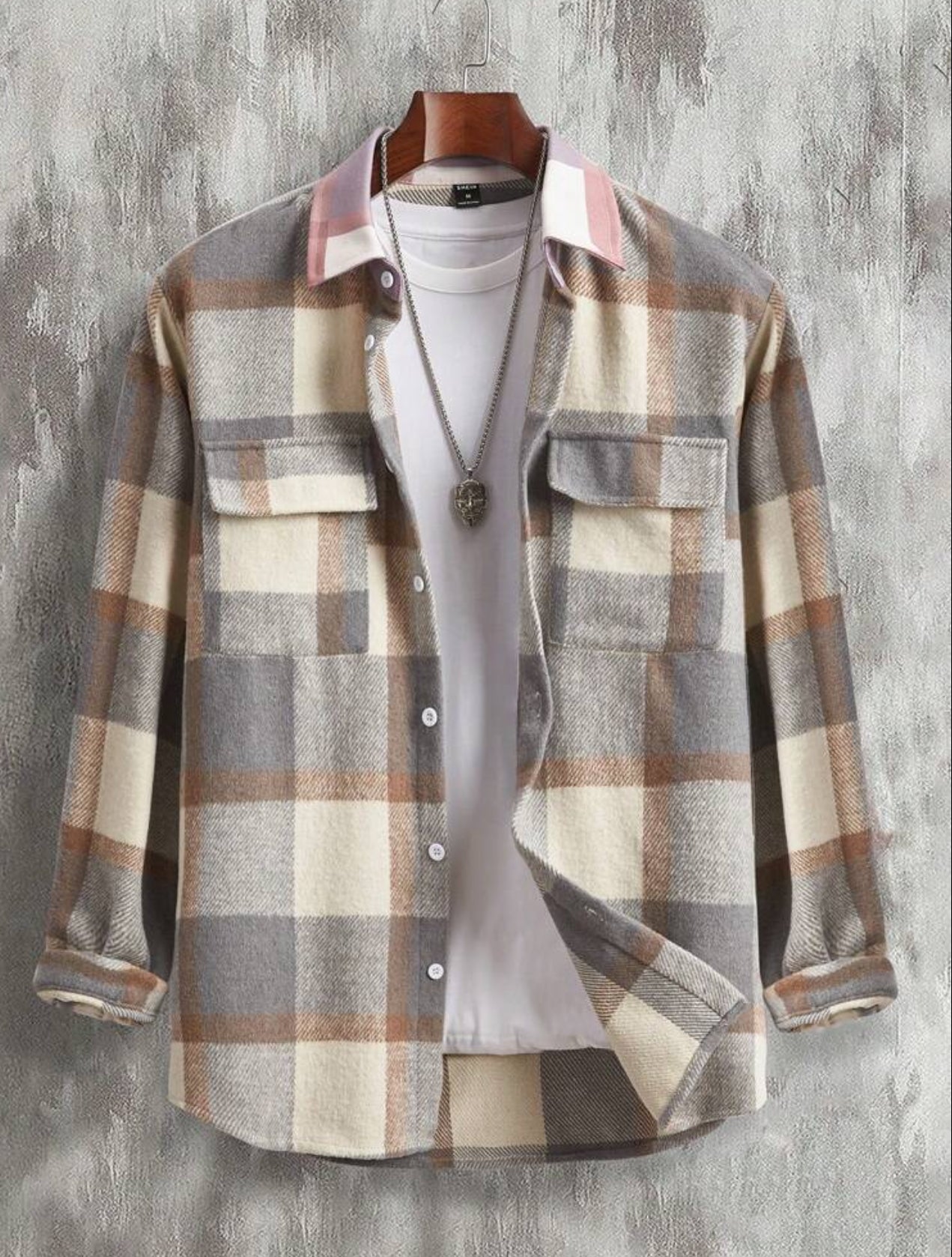 “So Handsome” Plaid Flannel Print, Flap Pocket Jacket, Tan and Touch of Lavender on Collar