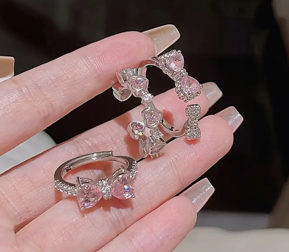 3pcs Boho Chic Stacking Rings Set | Sparkling Rhinestone Heart & Bows