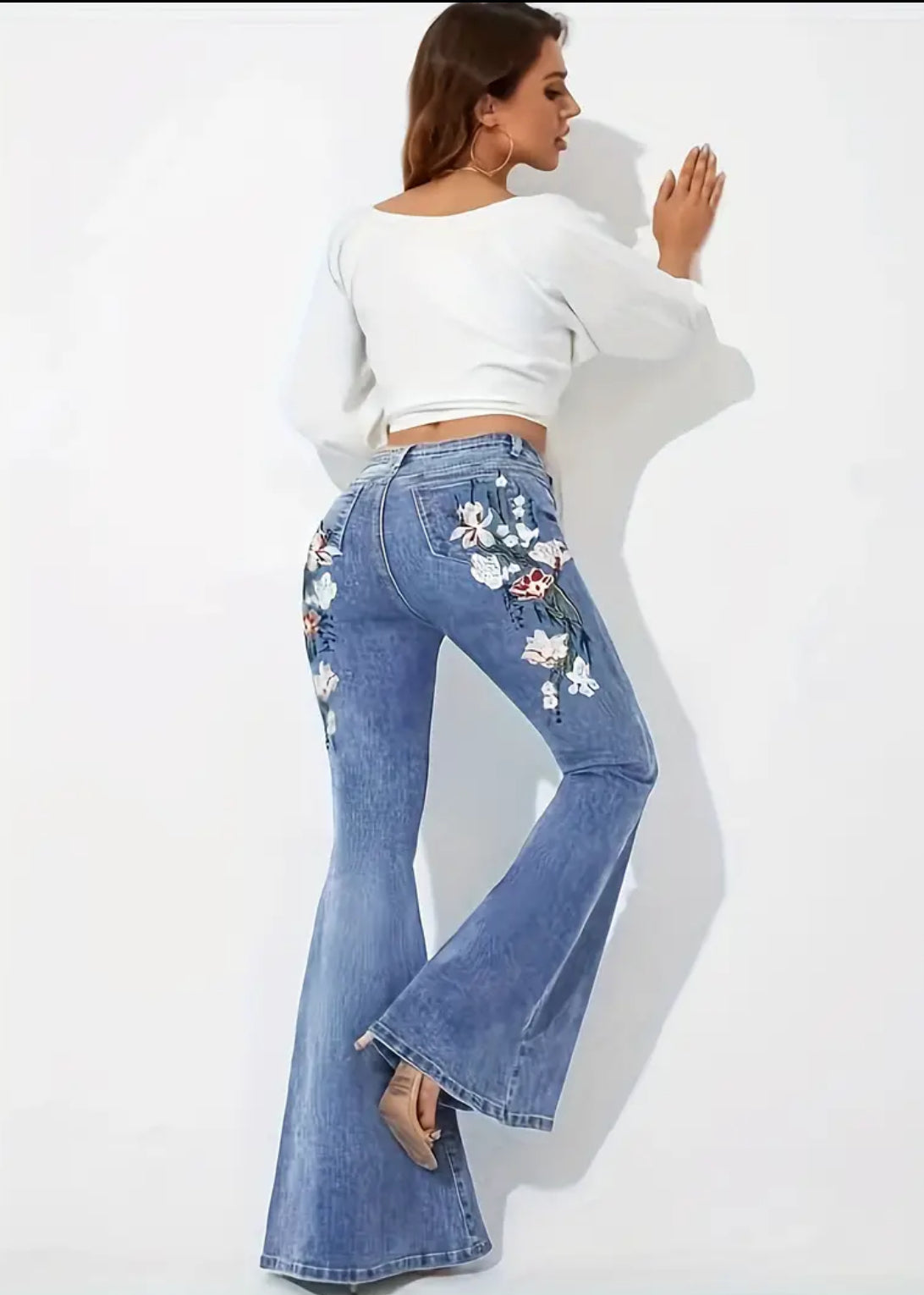 Floral Embroidered Decor Flare Jeans, Slant Pockets High Stretch Bell Bottom Jeans, Women's Denim Jeans