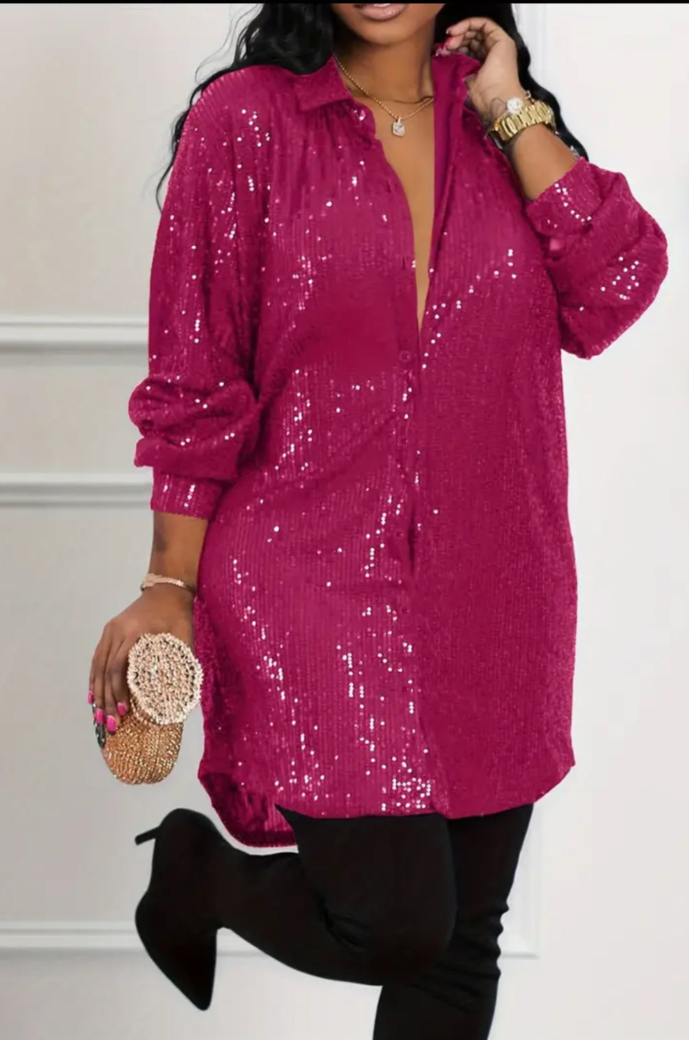 Plus Size Party Dress, Women's Sequin Button Up Long Sleeve Shirt Dress