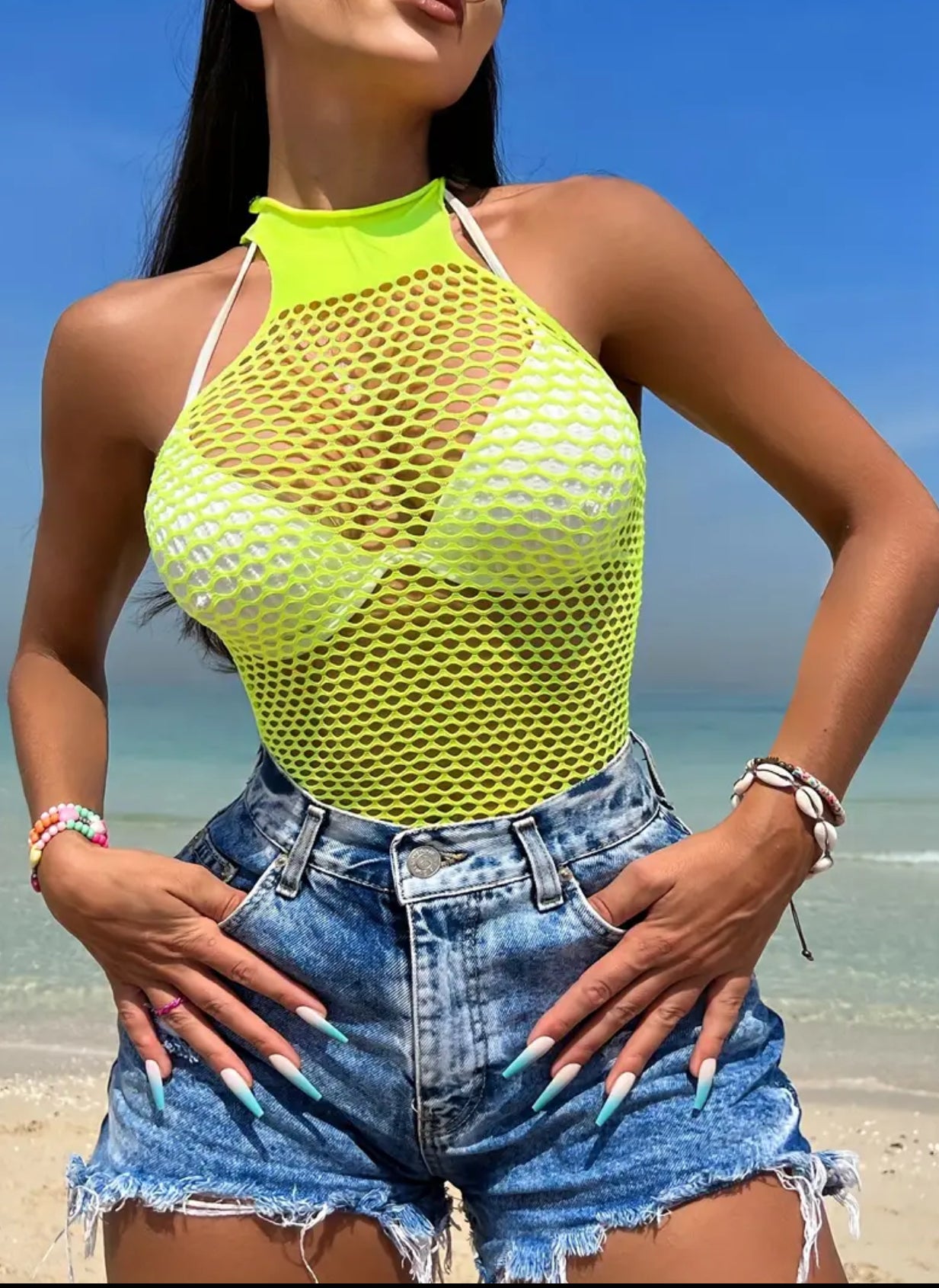 Vestido playero de encaje transparente, muy elástico, con escote redondo alto y aberturas, color verde neón