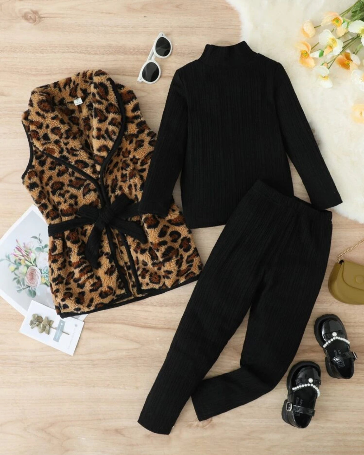 “Girls Leopard Belted Vest Coat, Leggings & Long Sleeve Blouse