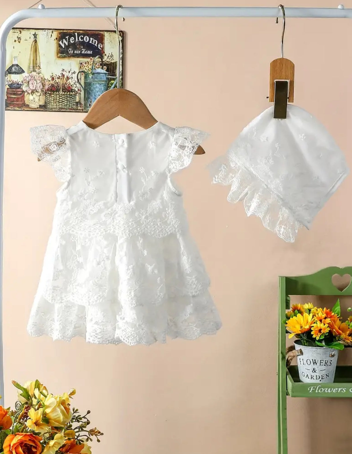 Vestido y gorro con mangas cortas y bordado de encaje elegante para recién nacidos, vestido para niñas pequeñas y bebés para uso diario, fiestas, banquetes, como regalo