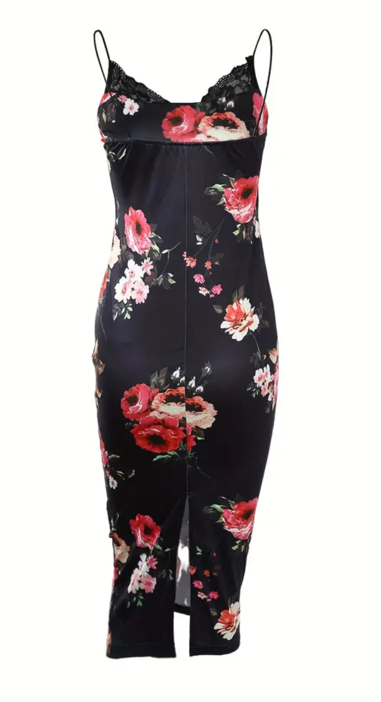 Floral Spaghetti Strap, Elegant Split Back, Bodycon Cami Dress