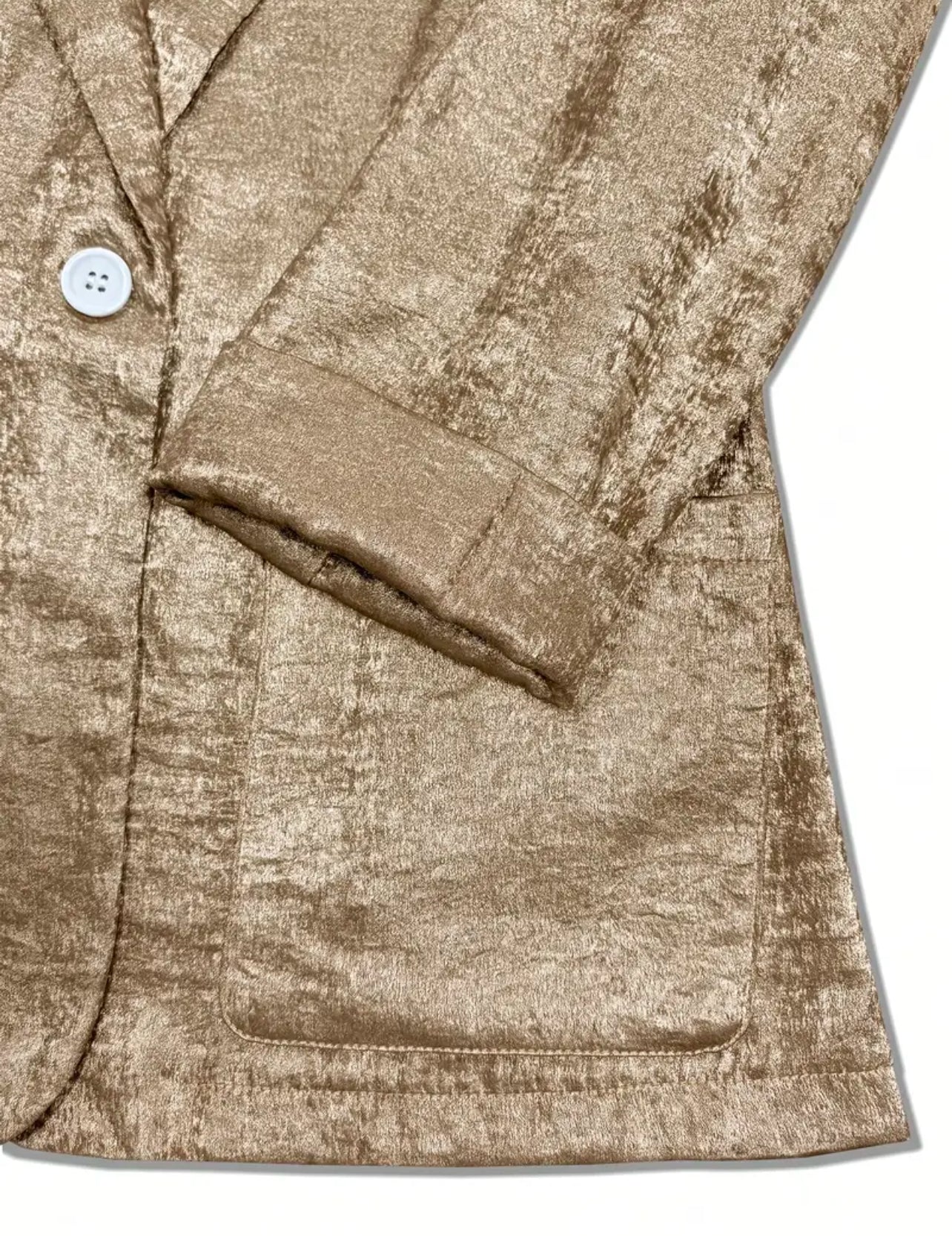 “Elegant Gold Metallic Blazer” Single Button Front, Regular Fit, Three Quarter Sleeve with Pockets