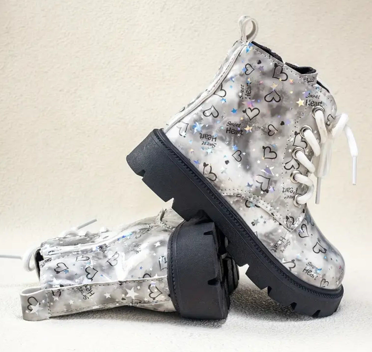 “Hearts & Confetti” Fashion Boots, Heart/Star Pattern, Zip Closure, PU Upper with Fabric Lining