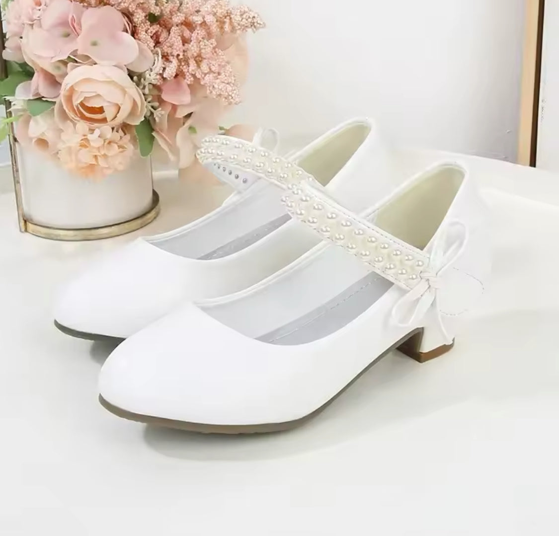 Girls ‘Elegant Pearl’ Princess Leather Bows High Heel Shoes