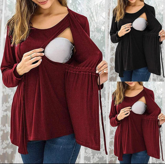 Long Sleeve Round Neck, Lace Up Breastfeeding Top