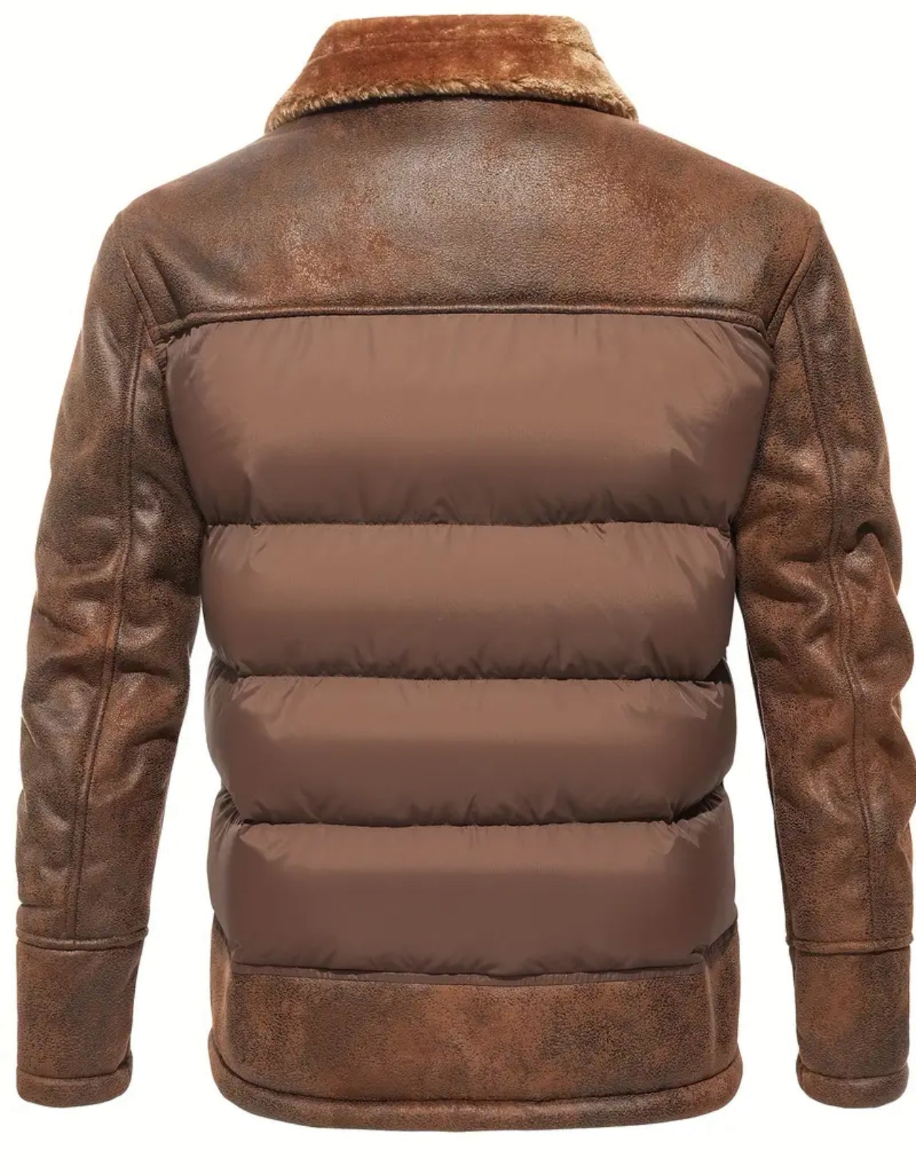 Men's Casual Warm Faux Leather Jacket, Chic Faux Fur Collar Quilted Jacket For Fall Winter