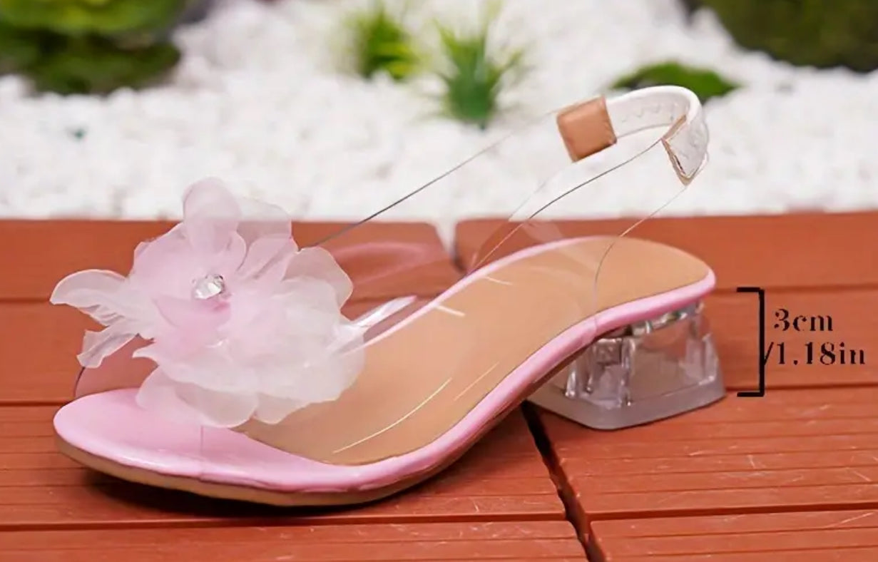 Zapatos de tacón alto transparentes con flores de diamantes de imitación para niñas