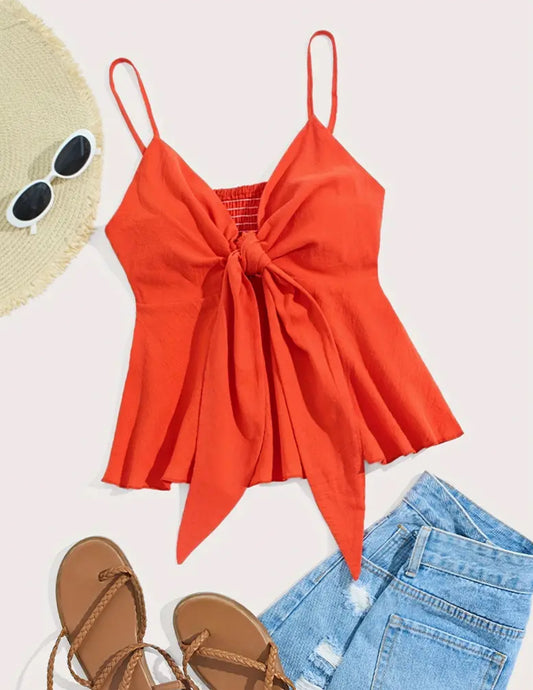 “Citrus” Vacation Style Tie Front V-neck Cami, Posh 🧡 Collections