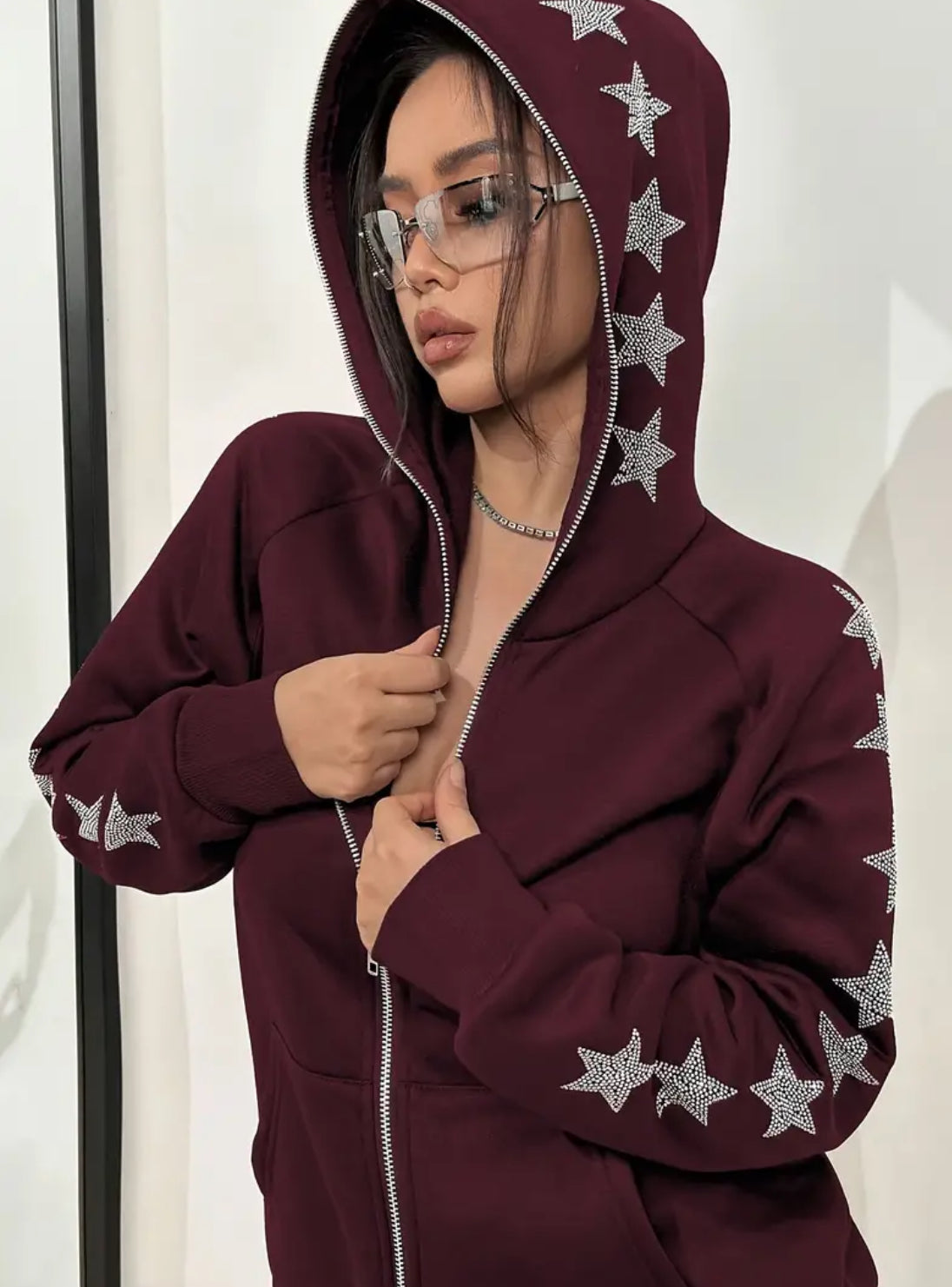 Star Patterned Hooded Sweatshirt- Casual Long Sleeve Zip-Up Outerwear