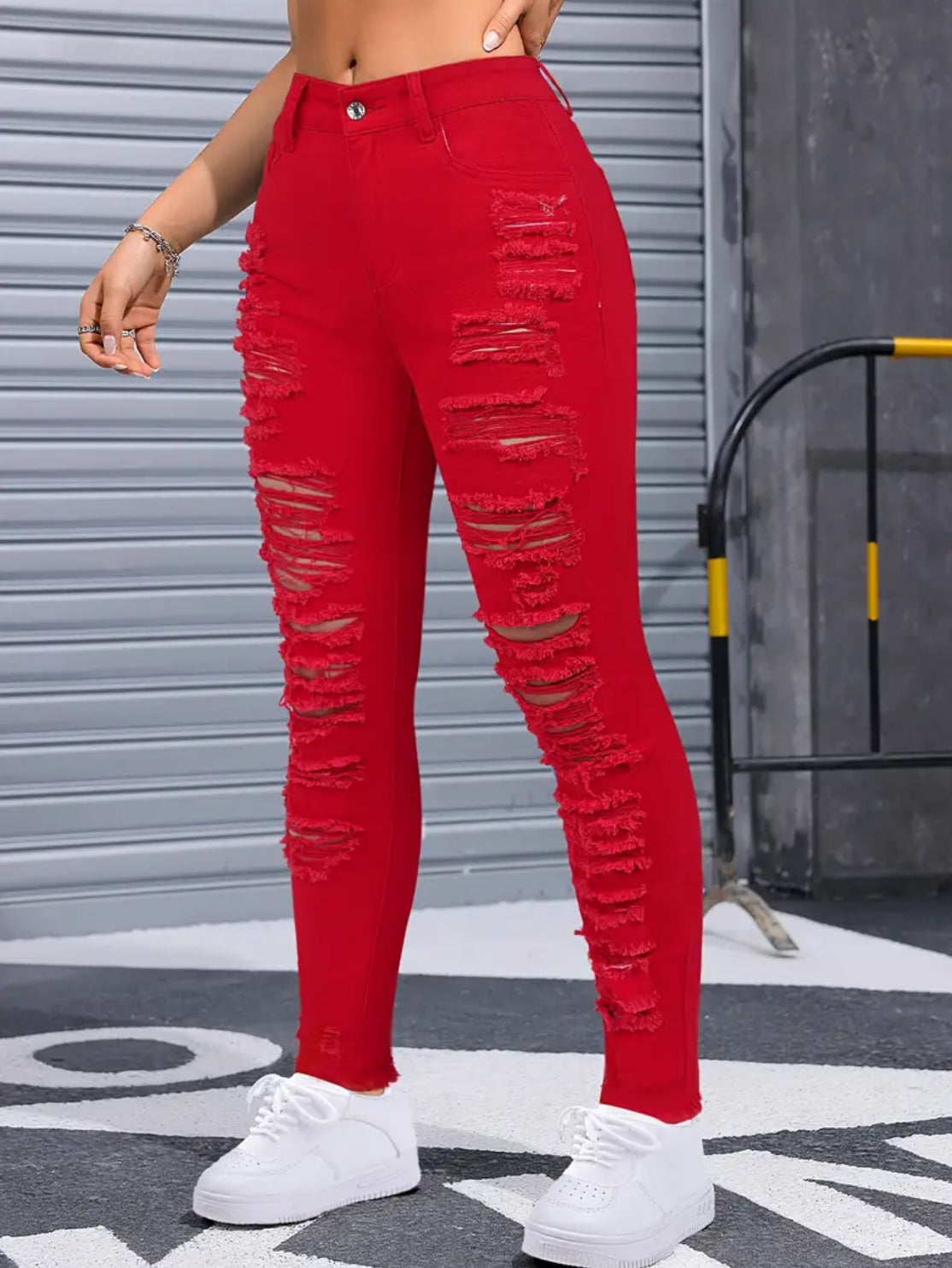 Distressed Ripped Red Sexy Zipper Button Closure Jeans, Skinny Fit, Women's Denim