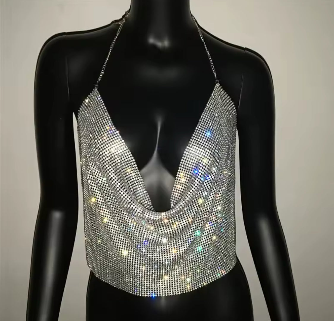 “Festival Rhinestone”Backless, V Neck Metal Tank Tops