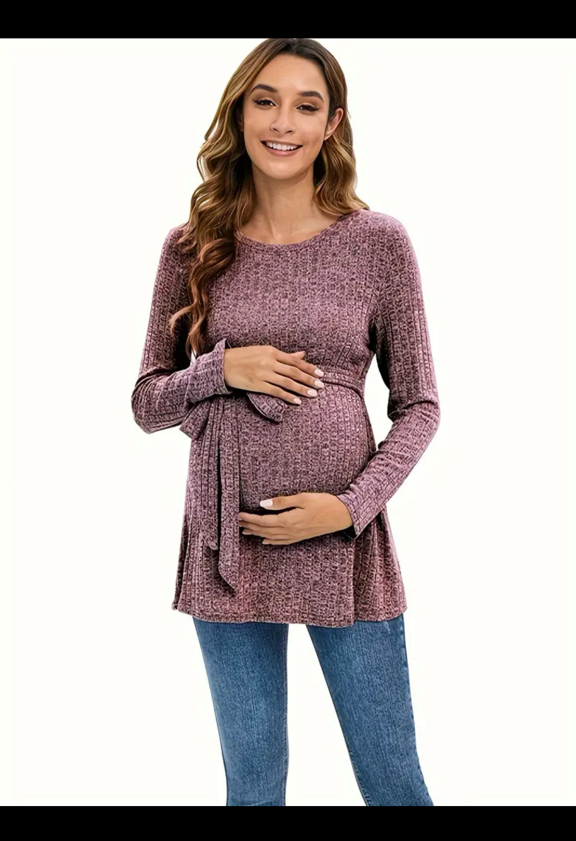 Camiseta de maternidad con textura sólida para mujer, top de punto con cinturón en la cintura, ropa para embarazadas