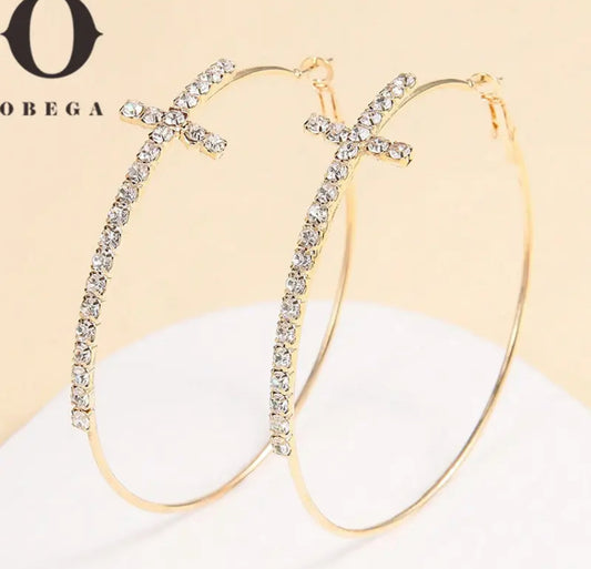 Gold Plated Cross Design Hoop Earrings with Shiny Rhinestone Inlay - Trendy Minimalist Style Jewelry