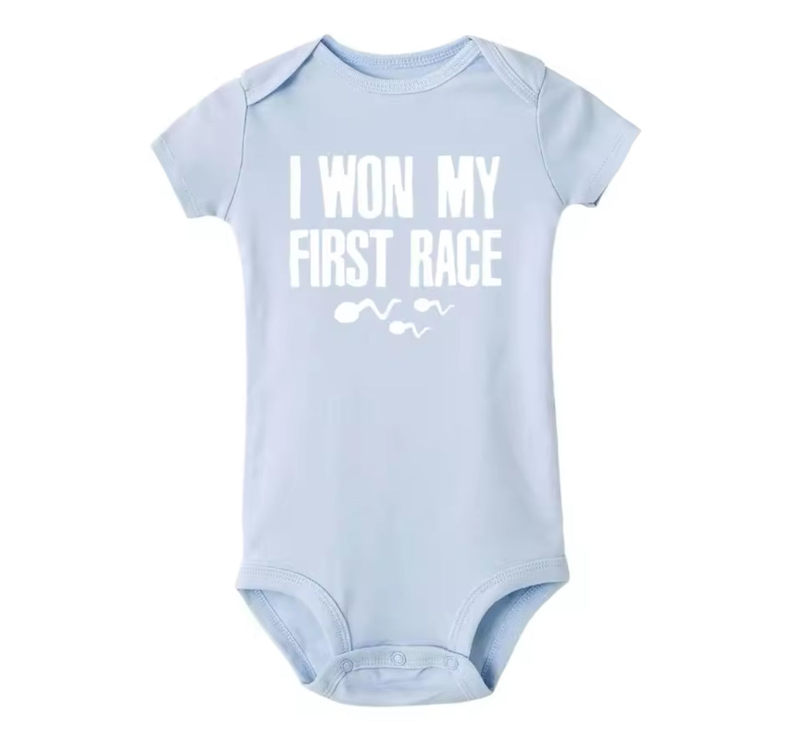 “I Won My First Race” Little Swimmers, Boys + Girls Onesie