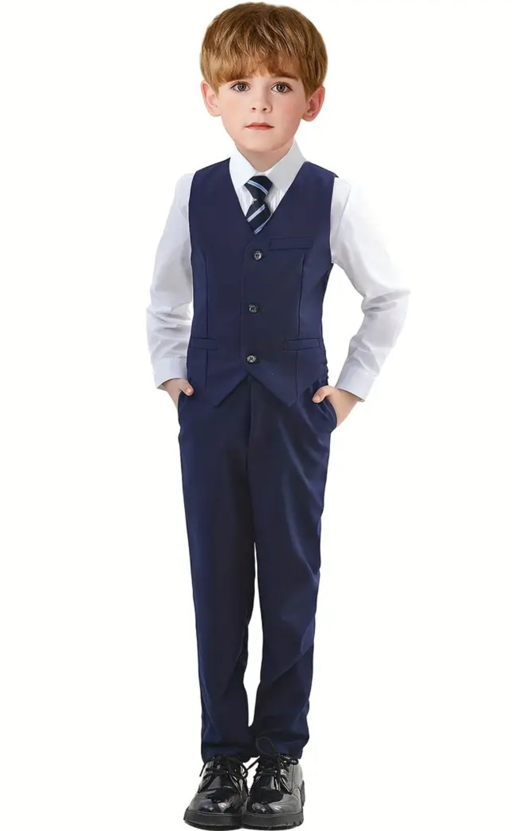 Boy's Navy Blue, 4 piece set, Vest, Shirt, Pants & and Navy Blue Striped Tie