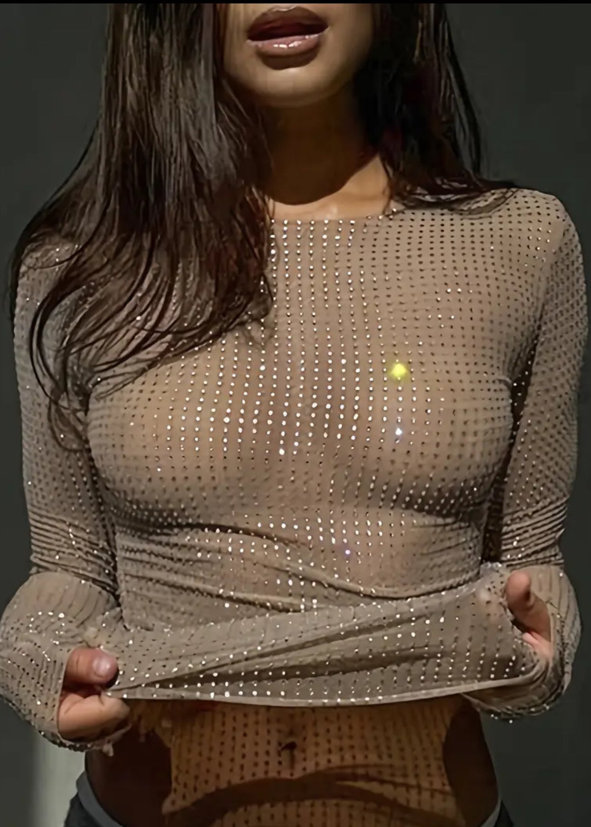 “Sparkling” Vibrant Round Metal Studs, Mesh Crew Neck Long Sleeve Top, Breathable