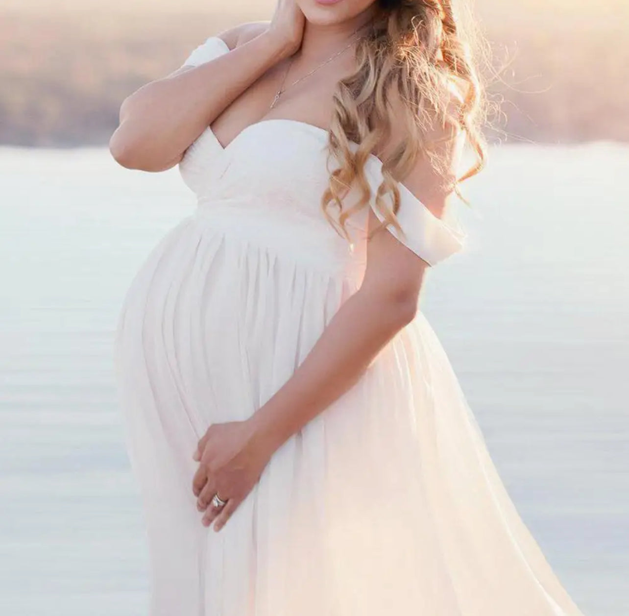 Maternity Off Shoulder Chiffon Gown, Lace Split Front, Maxi Dress