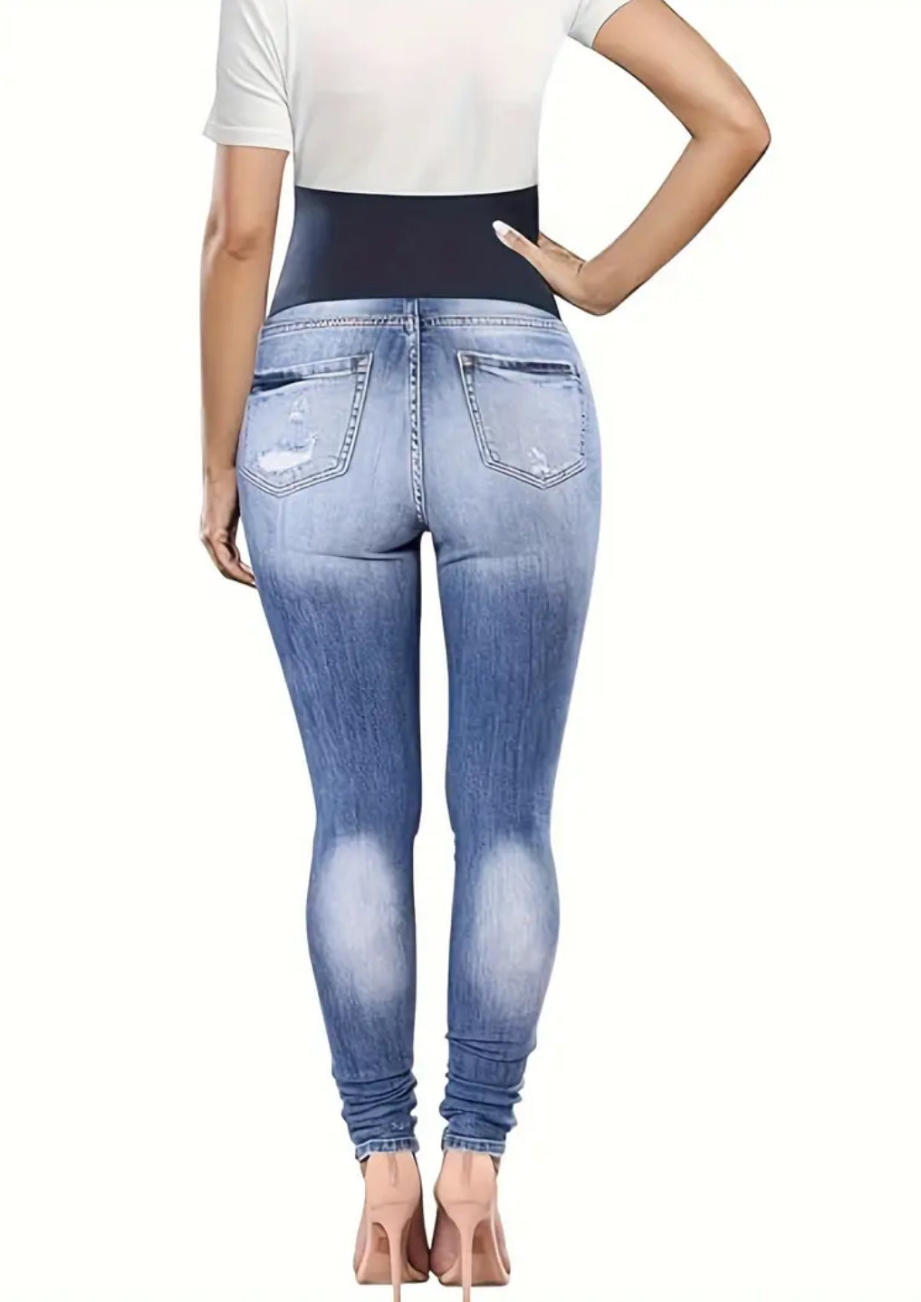 Maternity Jeans, Casual Style, Slight Stretch, Washed Solid Color, Comfortable Elastic Waistband