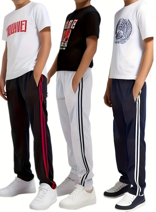 Striped Breathable Sports Pants, Comfortable Polyester Fabric, Regular Fit, Color Block Pattern, Pockets