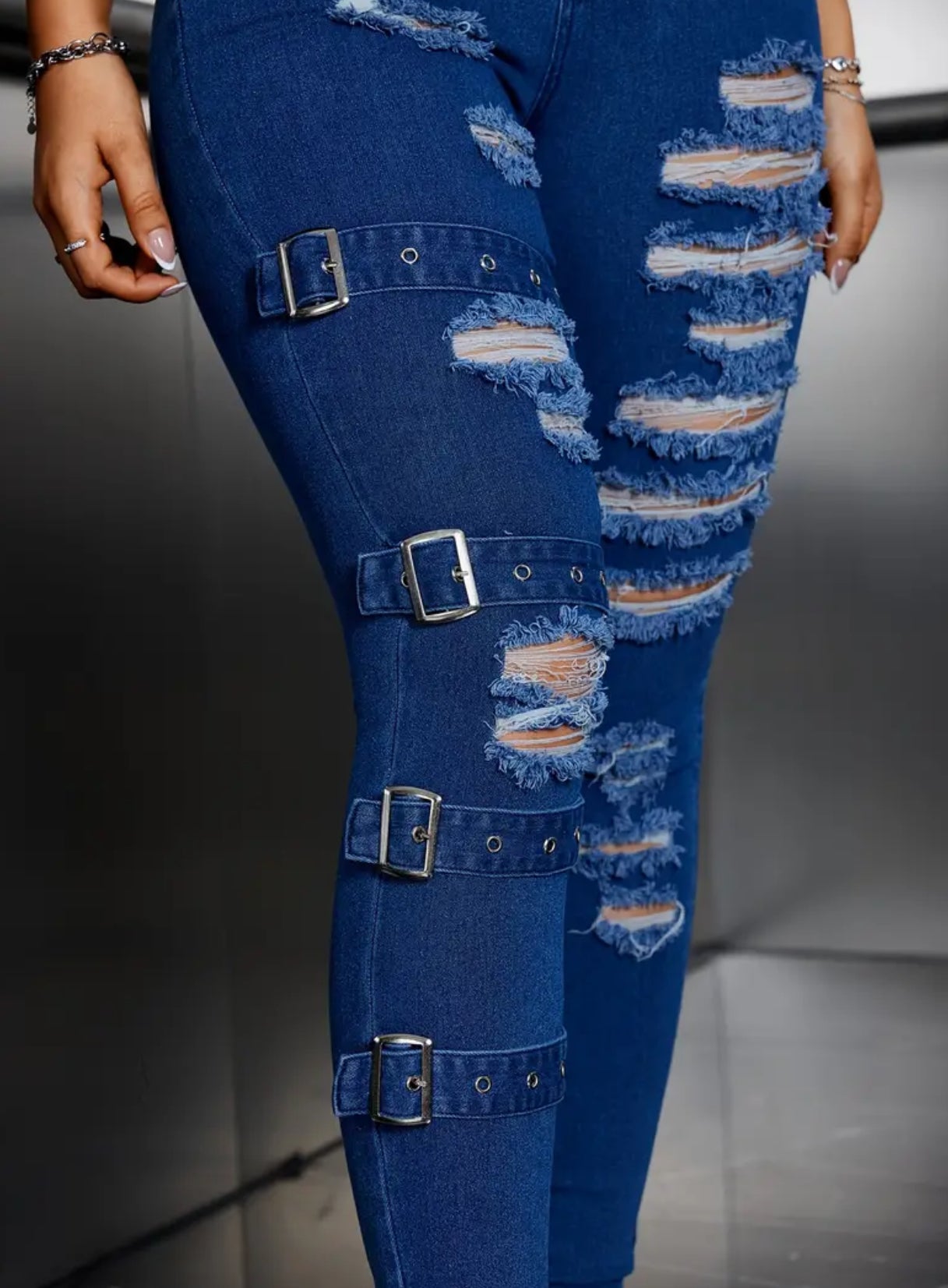 Adjustable Buckle , High-Waist Stretchy Skinny Jeans With Ripped Detailing, Street Style Fashion