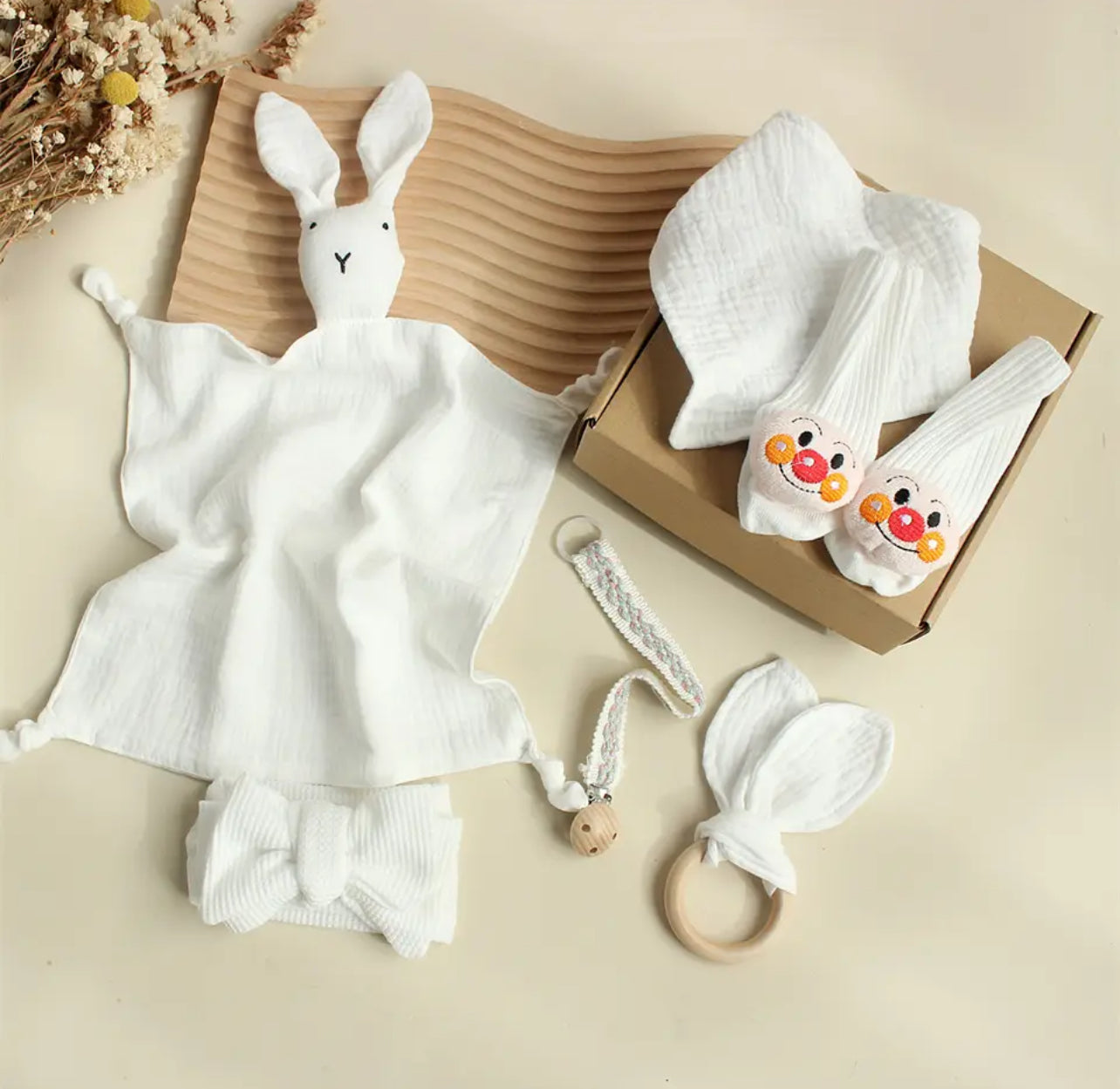 “6Pcs Gifts Box Set” Wooden Rattle Brushs Bunny Towel For Baby Shower Gift and more