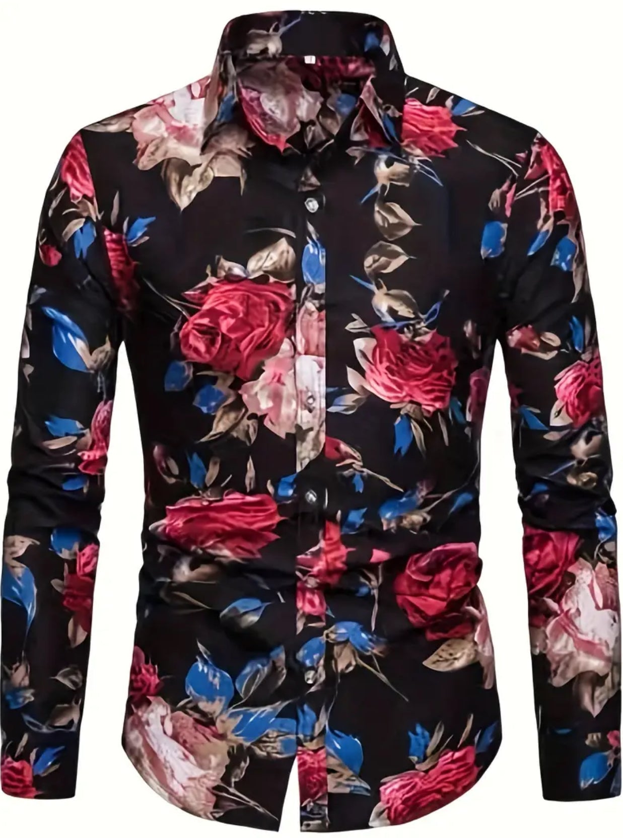 Rose Print Men's Casual Button Up Long Sleeve Shirt