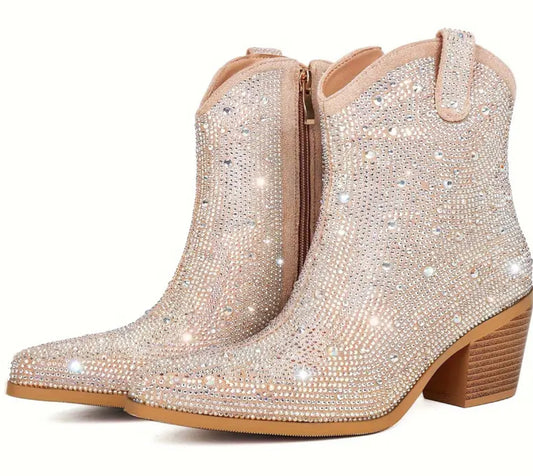 Botas cortas de tacón grueso con cremallera lateral para mujer “Country Rhinestone”