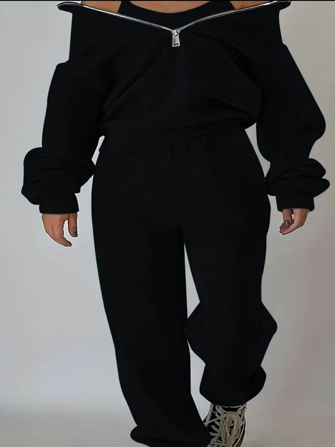 “The Hottie” Two-Piece Casual Outfit Set - High Neck Zipper Sweatshirt and Mid-Elasticity Solid Sweatpants