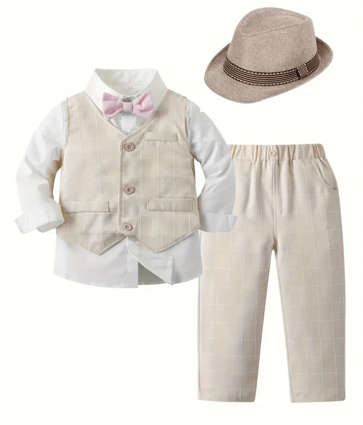 4pcs Boys Formal Gentleman Outfits, Long Sleeve Bowtie Shirt, Pants, Vest & Hat Set