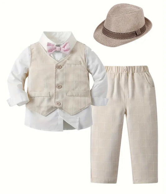 Conjunto de 4 piezas de trajes formales para caballeros para niños: camisa de manga larga con pajarita, pantalones, chaleco y sombrero