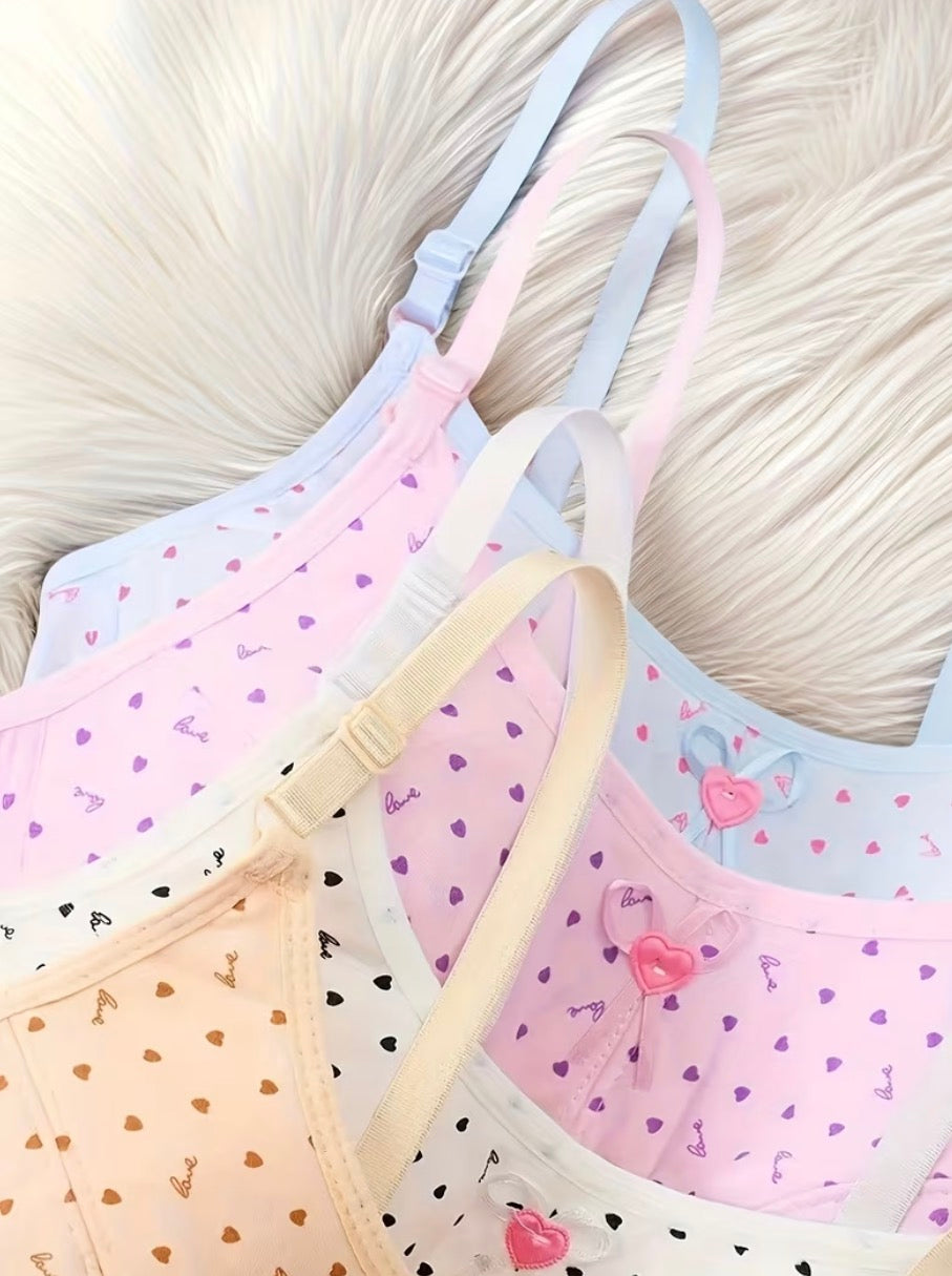 Girls Heart-Print Training Bras | Adjustable Straps and a Small Bow Detail