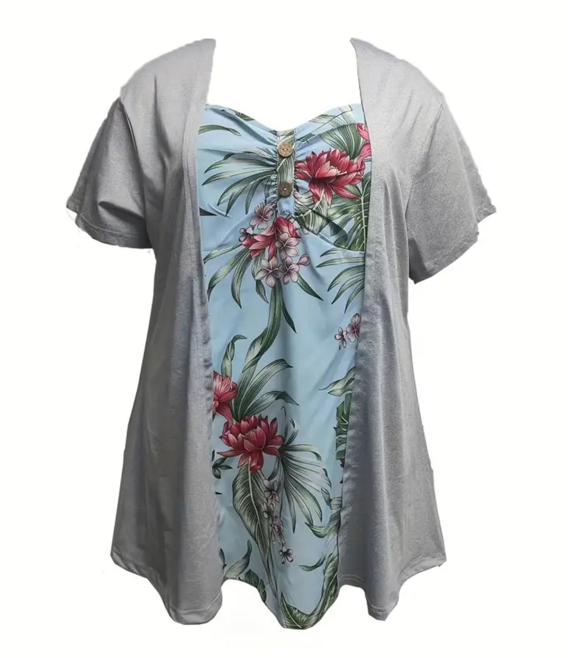 Floral Button Decor, Short Sleeve Sweetheart Neck Top (Up To 8XL)