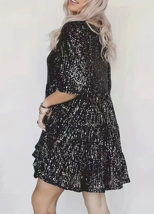 “Black Sequined Elegance” Half Sleeve Crew Neck, Loose Dress, Plus