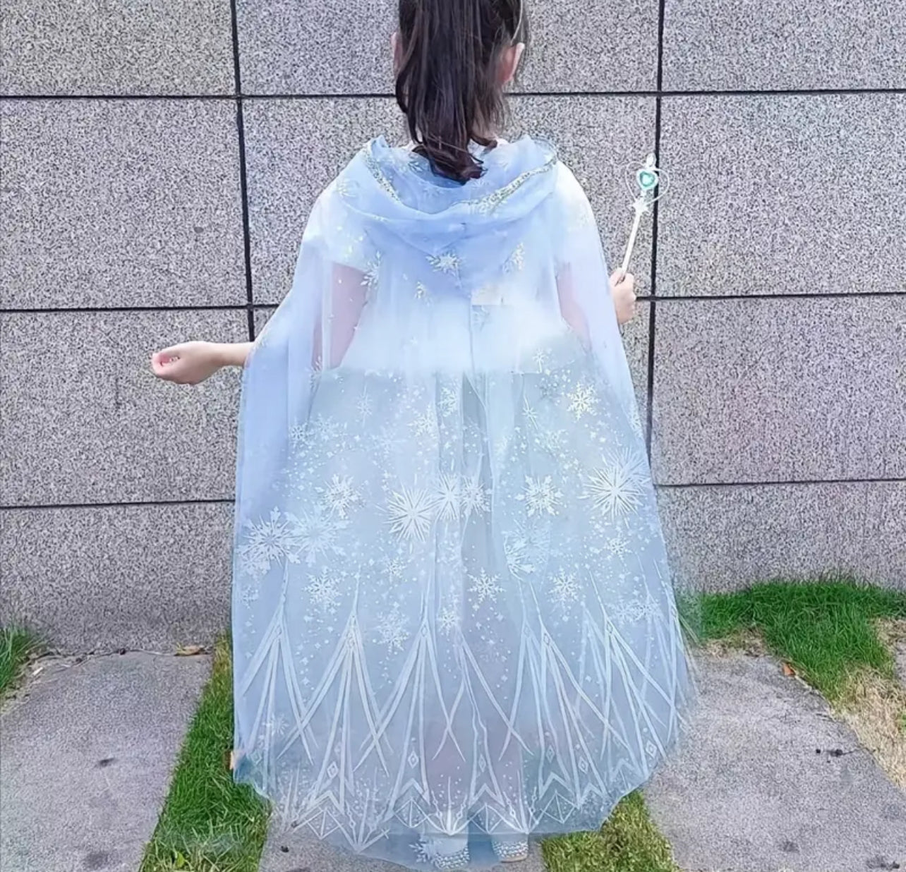 Girls' ❄️ Magical Blue Tulle Cape Dress with White Snowflakes | 29 Inches Long  