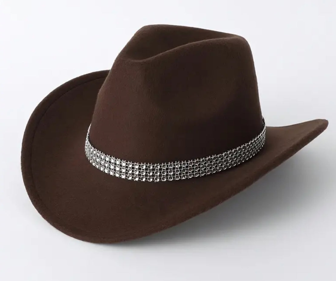 Sombrero de vaquero de fieltro, ala ancha, banda de diamantes de imitación, perfecto para amantes de la moda y la música